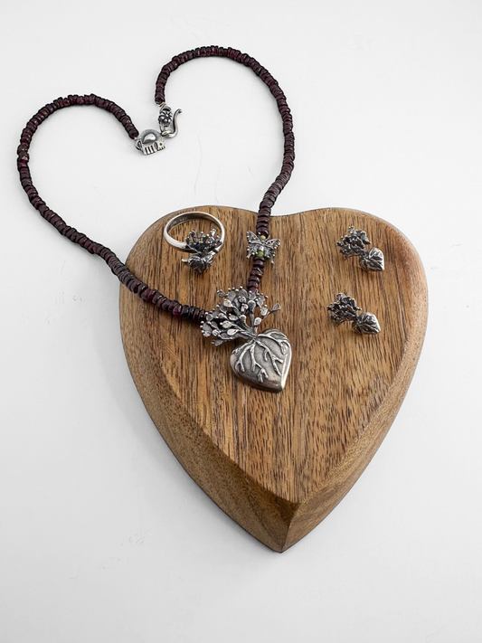 SET CORAZON NOPAL PIEDRA GRANATE PLATA .925