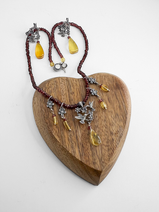 SET CORAZON COLIBRI AMBAR PLATA .925