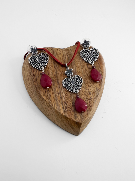 SET CORAZON GUIAS PIEDRA AGATA PLATA .925