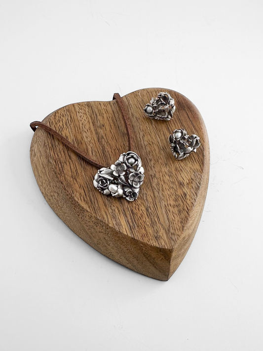 SET CORAZON FLORES PERLA 2  PLATA .925