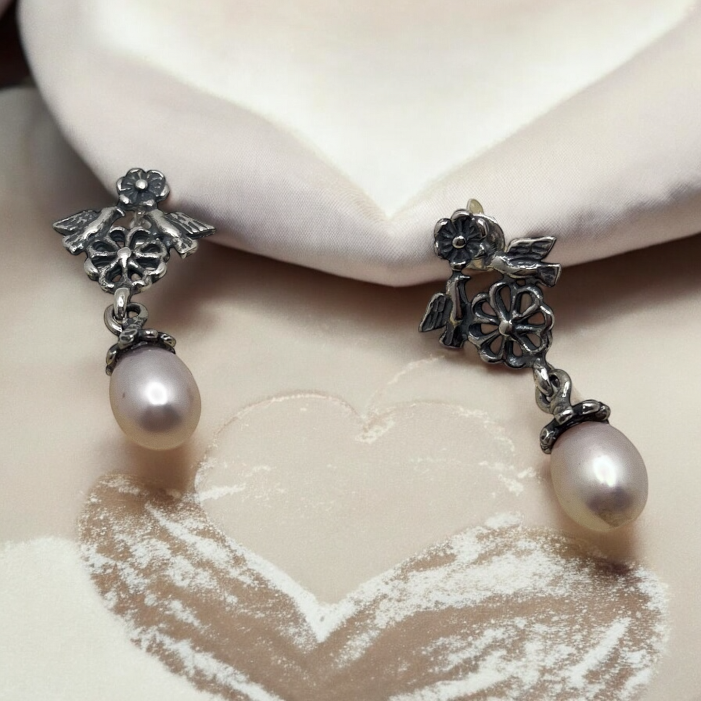 ARETE FLOR  PAJARITOS PERLA PLATA .925
