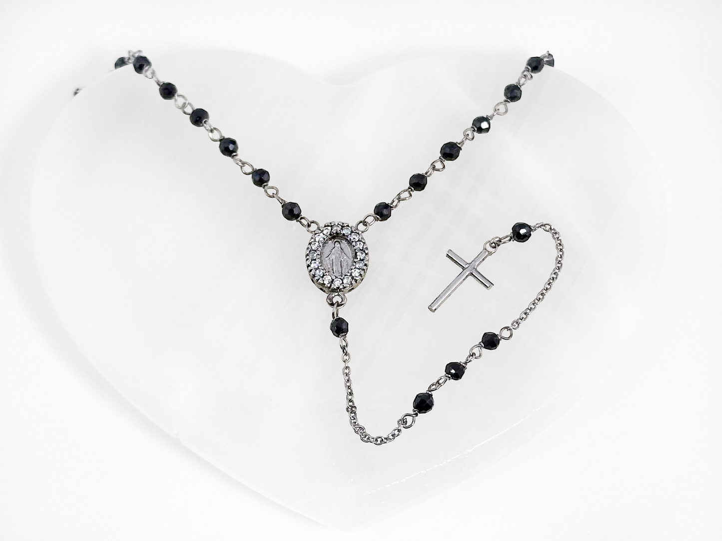COLLAR ROSARIO CRISTAL SW NEGRO PLATA RODIO .925