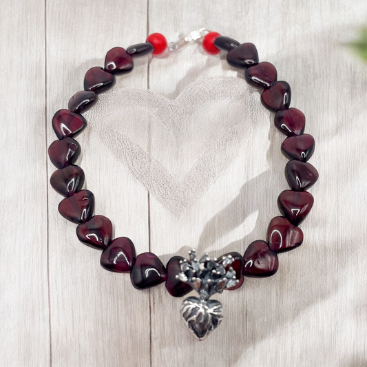 PULSERA CORAZON NOPAL PIEDRA GRANATE CORAL PLATA .925