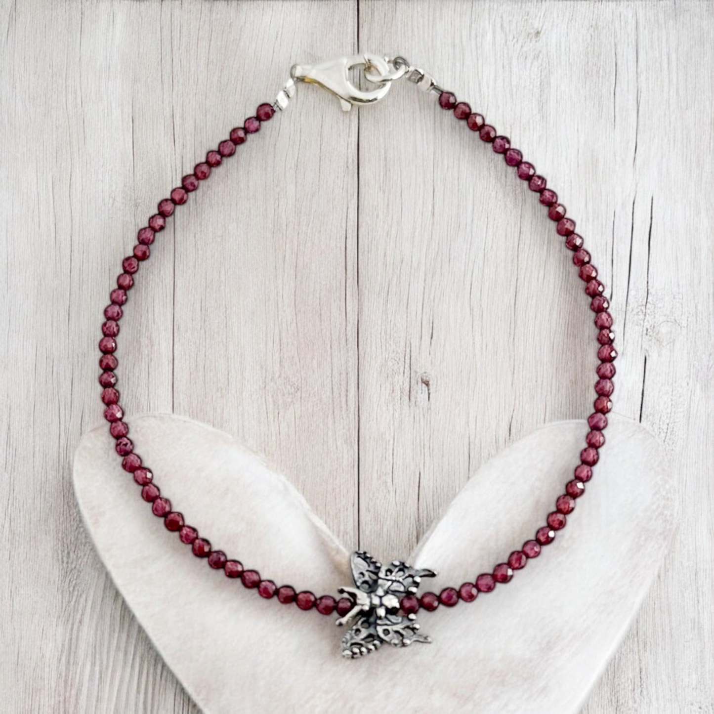 PULSERA MARIPOSA GRANATE  PLATA .925