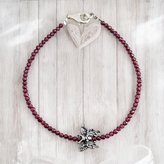 PULSERA MARIPOSA GRANATE  PLATA .925