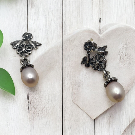 ARETE FLOR  PAJARITOS PERLA PLATA .925