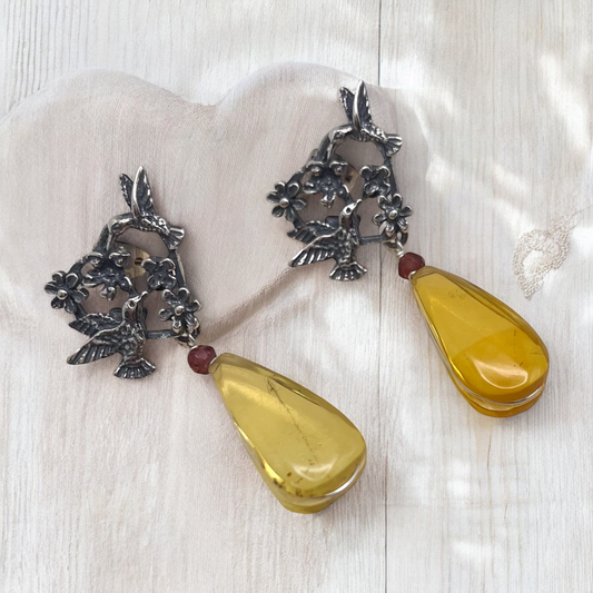 ARETE CORAZON COLIBRI AMBAR PLATA .925