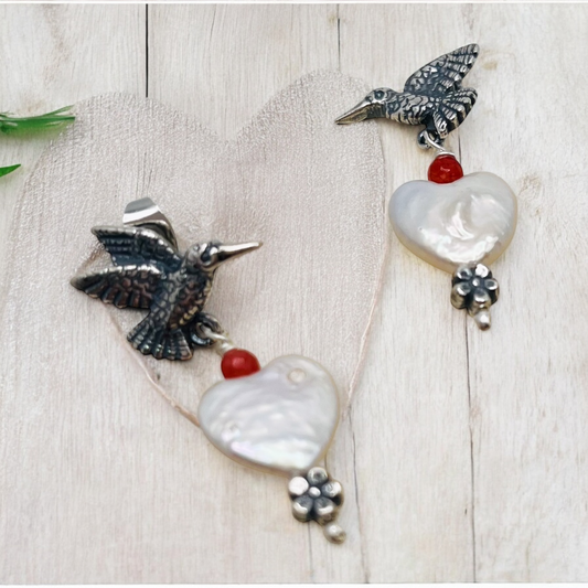 ARETE COLIBRI PERLA  CORAZON PLATA .925