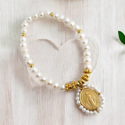 PULSERA VIRGEN MILAGROSA PERLA CHAPA