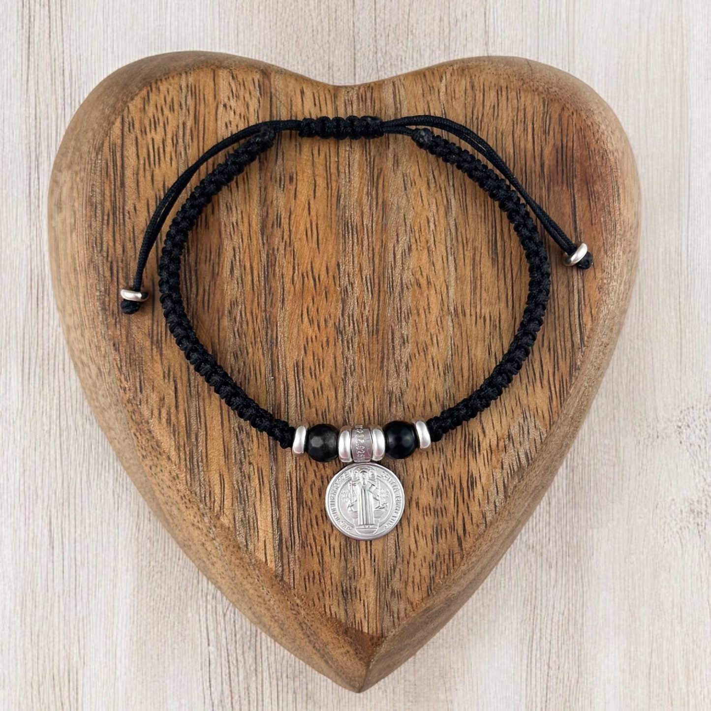 PULSERA MEDALLA SAN BENITO 2 PLATA .925 TEJIDA NEGRA