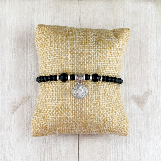 PULSERA MEDALLA SAN BENITO 1 PLATA .925 PIEDRA N