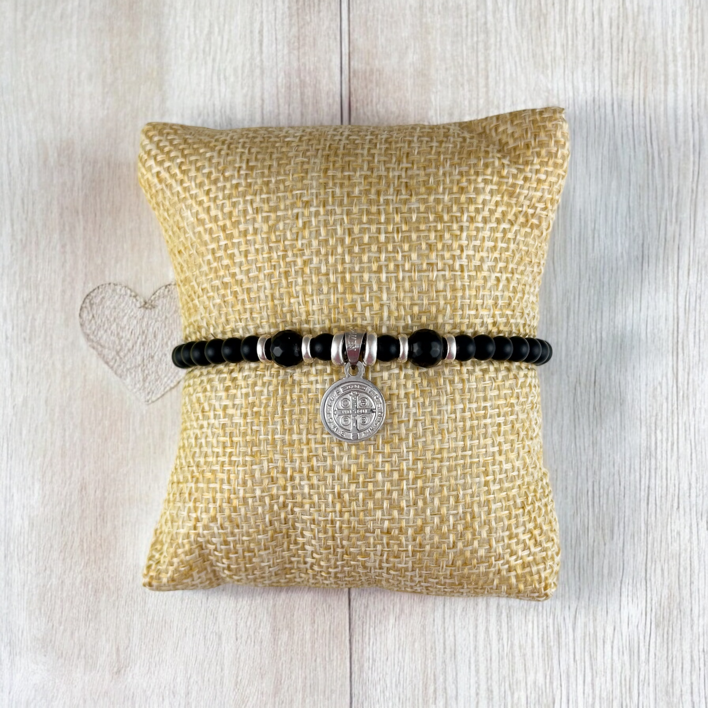PULSERA MEDALLA SAN BENITO 1 PLATA .925 PIEDRA N