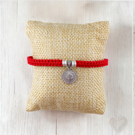 PULSERA MEDALLA SAN BENITO 2 PLATA .925 TEJIDA ROJA