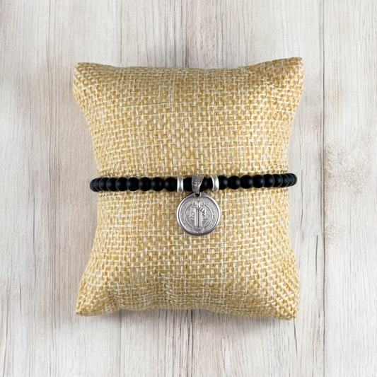 PULSERA MEDALLA SAN BENITO B 2 PLATA .925 PIEDRA N BROCHE TEJIDO