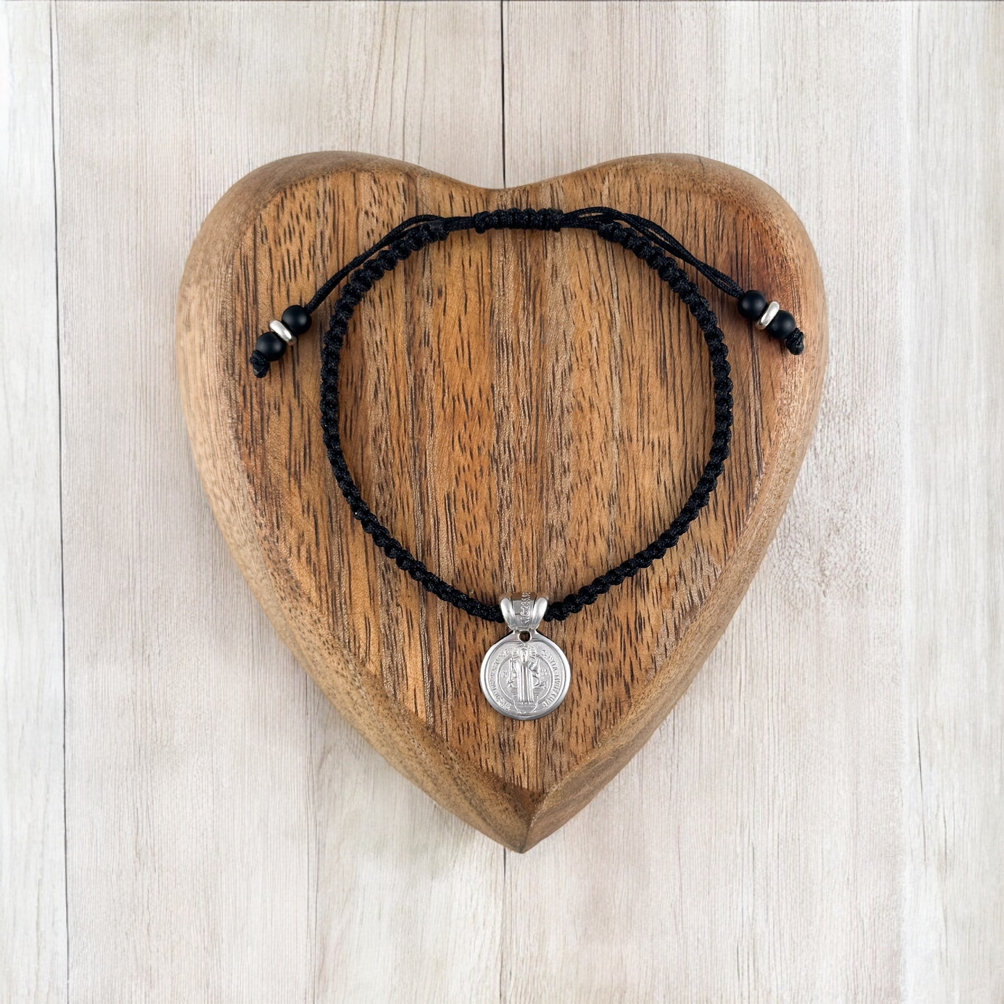PULSERA MEDALLA SAN BENITO B 2 PLATA .925 TEJIDA NEGRA