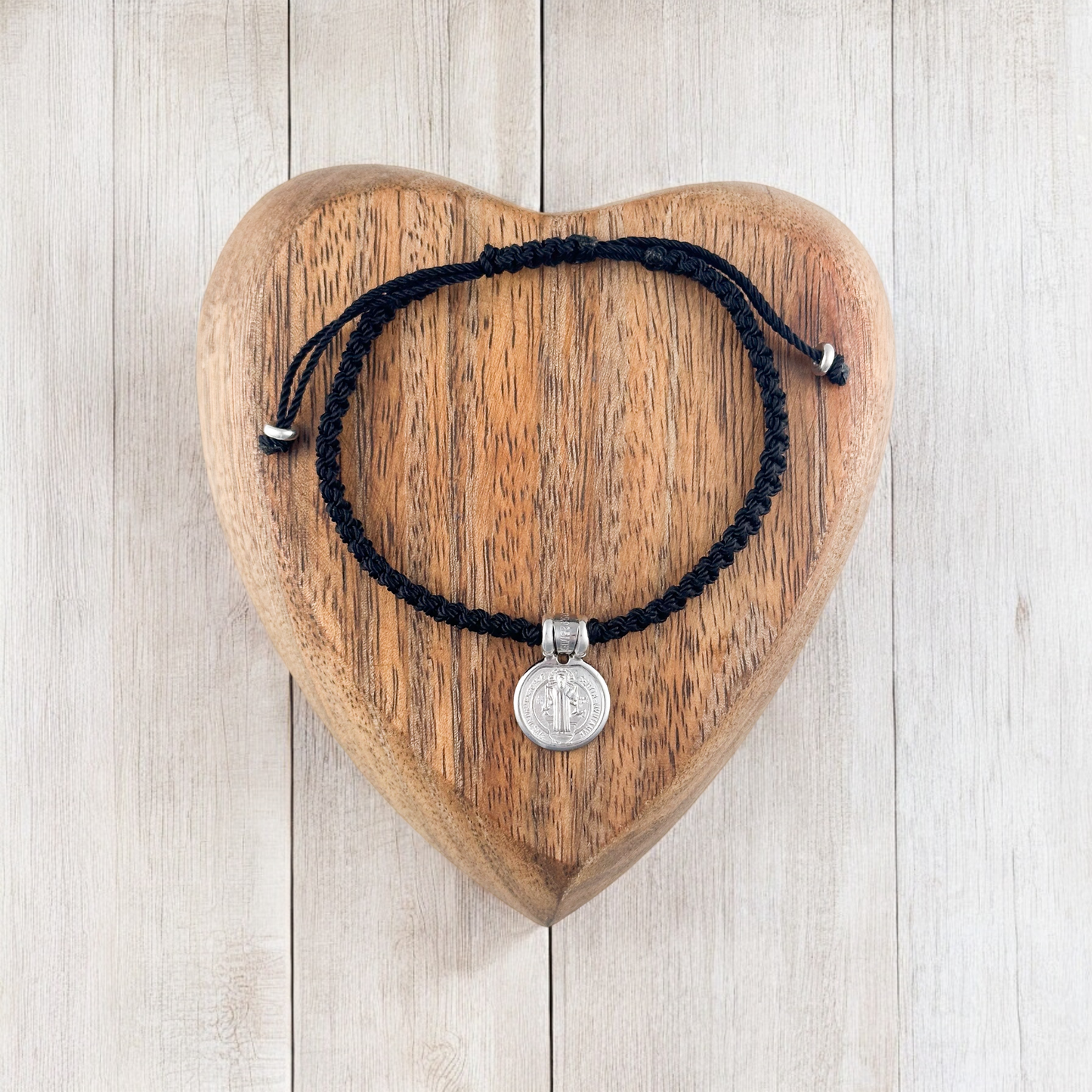PULSERA MEDALLA SAN BENITO B 2 PLATA .925 TEJIDA NEGRA