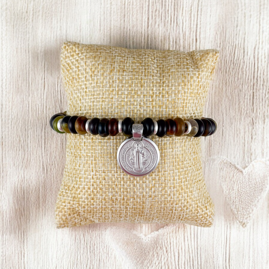 PULSERA MEDALLA SAN BENITO B 3  PLATA .925 PIEDRA N BROCHE TEJIDO