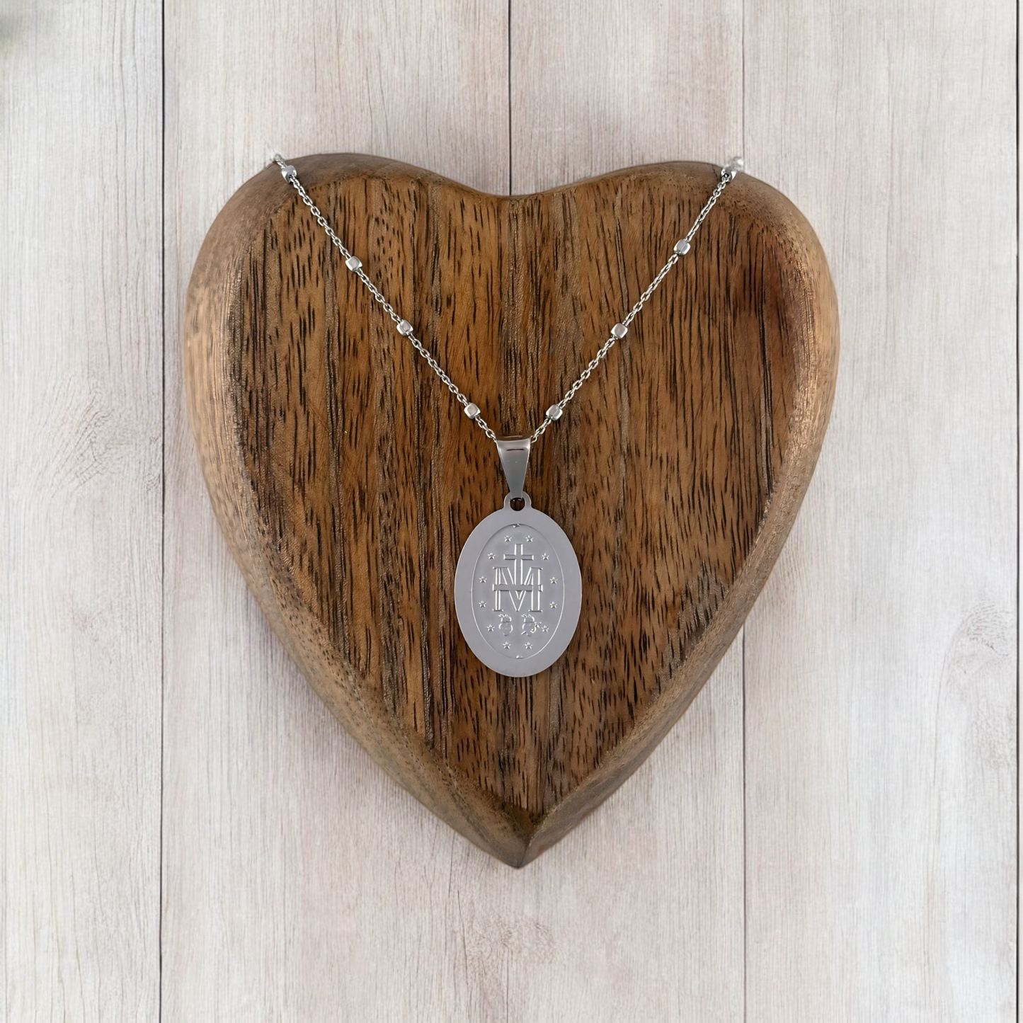 COLLAR MEDALLA VIRGEN MILAGROSA OVAL 3 DIAMANTADA  PLATA RODIO .925