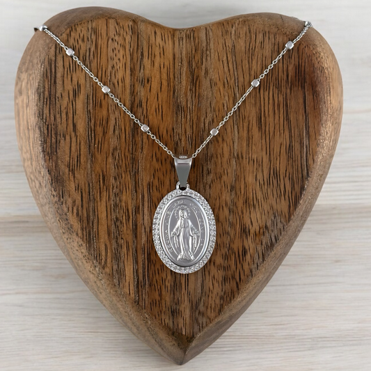 COLLAR MEDALLA VIRGEN MILAGROSA OVAL 3 DIAMANTADA  PLATA RODIO .925