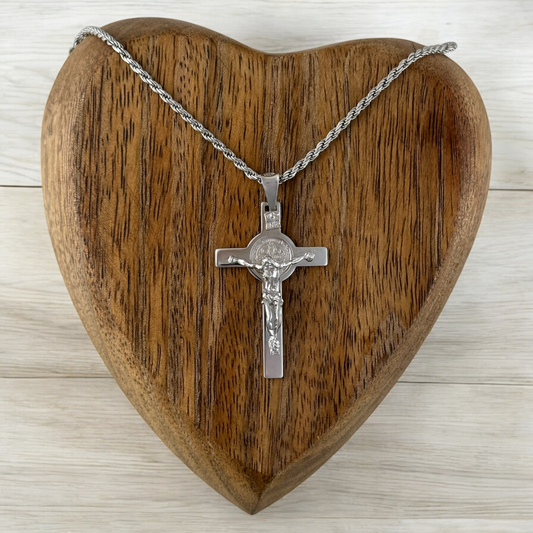 COLLAR CRISTO SAN BENITO CADENA TORSAL PLATA RODIO .925