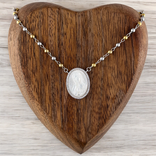 COLLAR VIRGEN DE GUADALUPE OVAL PERLA CADENA BOLA PLATA RODIO .925