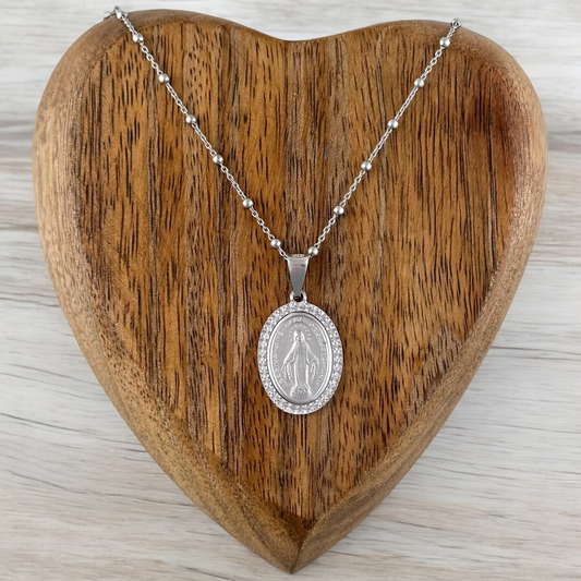 COLLAR MEDALLA VIRGEN MILAGROSA OVAL 2 DIAMANTADA PLATA RODIO .925