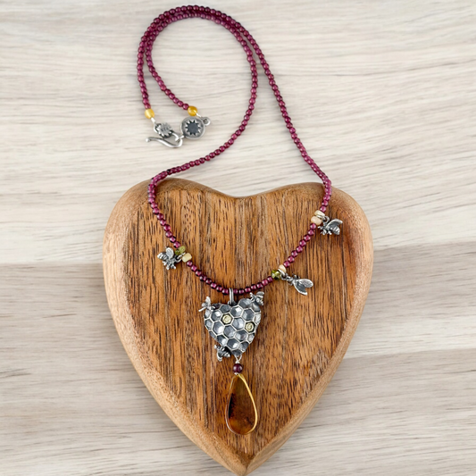 COLLAR COLMENA ABEJAS GRANATE Y AMBAR  PLATA .925