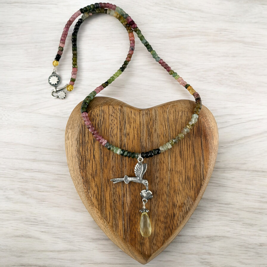 COLLAR COLIBRI PIEDRAS NATURALES PLATA .925