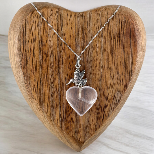 COLLAR COLIBRI CORAZON CUARZO PLATA .925