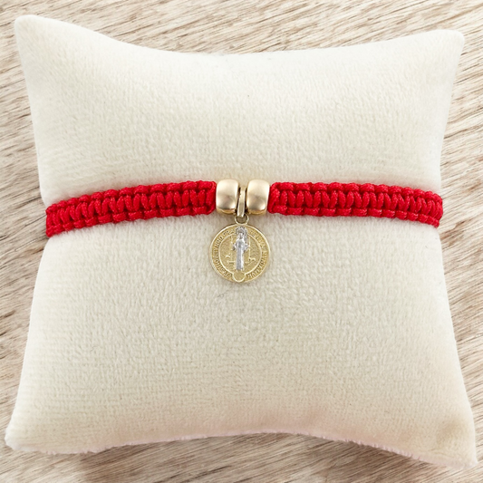 PULSERA MEDALLA SAN BENITO 1 ORO 10K TEJIDA ROJA