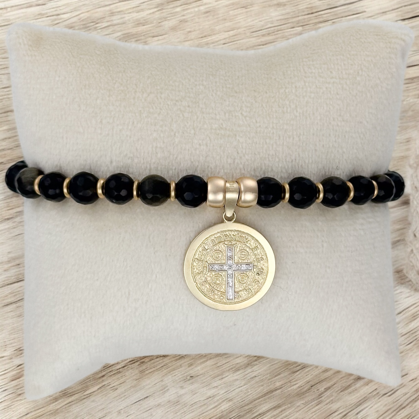 PULSERA MEDALLA SAN BENITO 3 ORO 10K PIEDRA N BROCHE TEJIDO