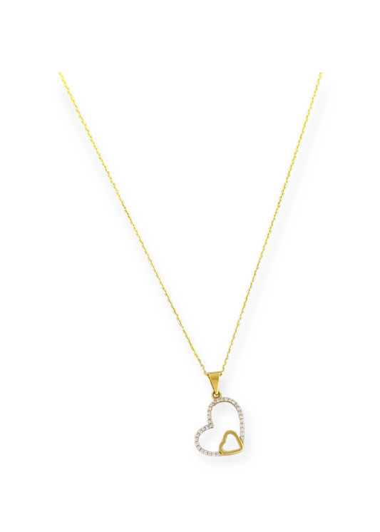 COLLAR DOS CORAZONES ZIRCONIA ORO 14K