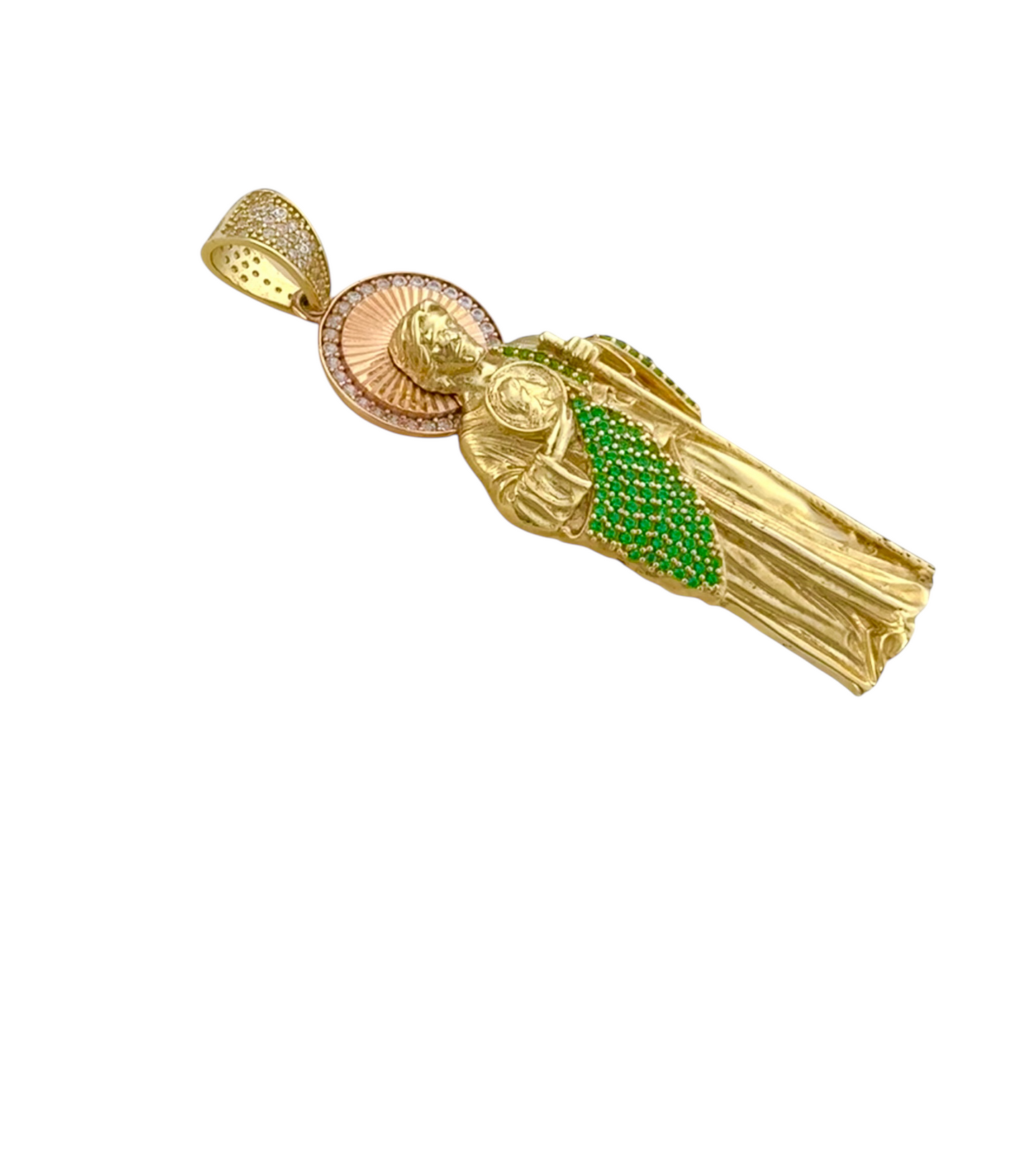 SAINT JUDE THADEO GREEN MANTLE DM 10K GOLD PENDANT