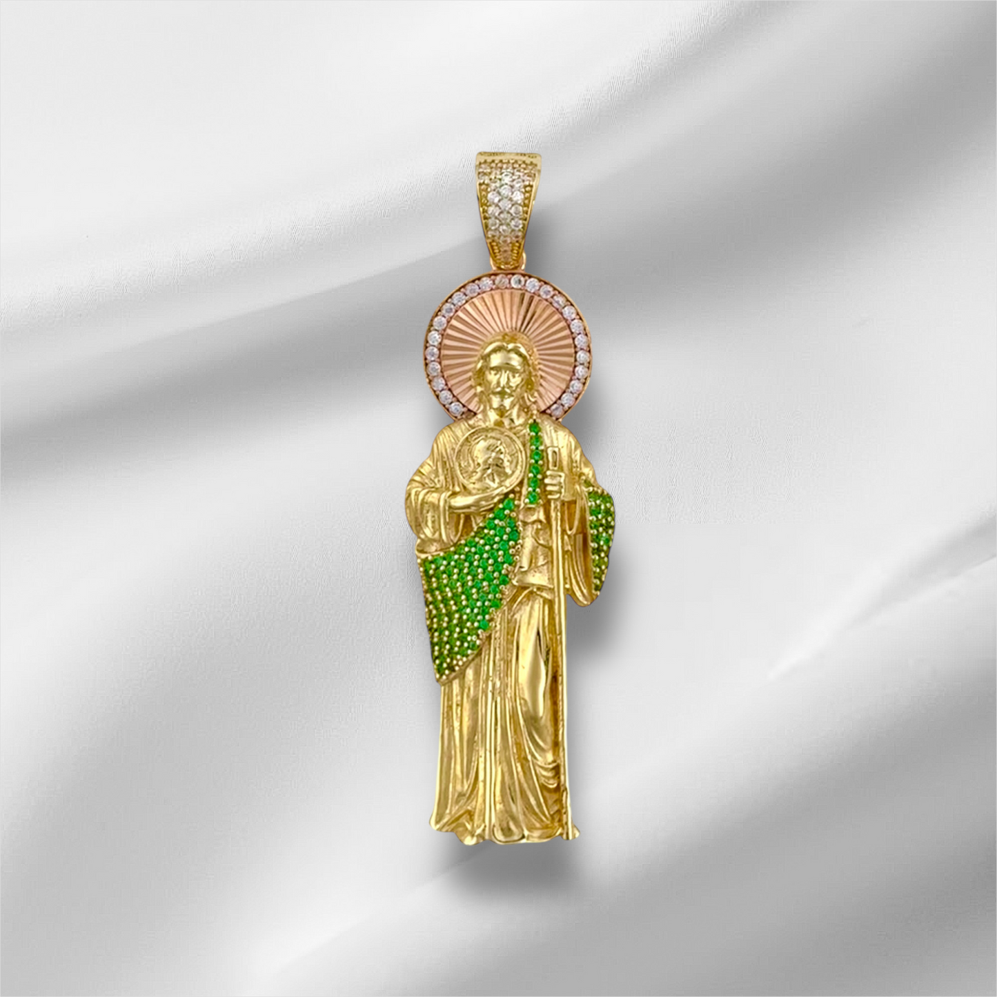 SAINT JUDE THADEO GREEN MANTLE DM 10K GOLD PENDANT