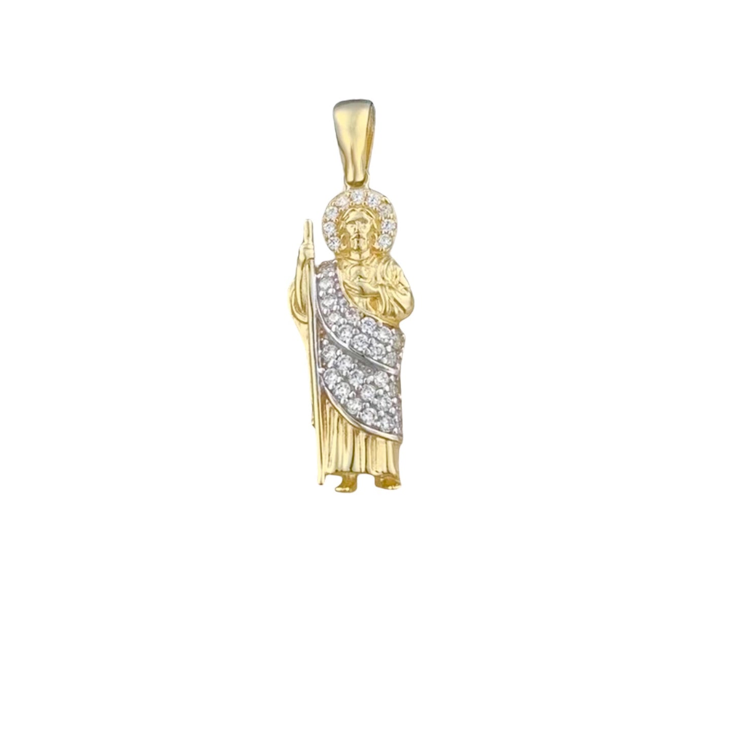 SAN JUDAS TADEO PENDANT WHITE ZIRCONIA MANTO 10K GOLD