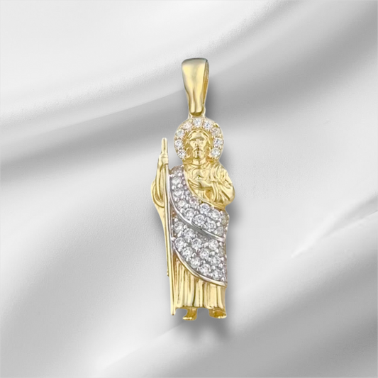 SAN JUDAS TADEO PENDANT WHITE ZIRCONIA MANTO 10K GOLD