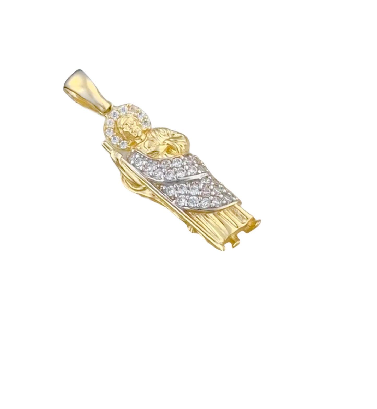 SAN JUDAS TADEO PENDANT WHITE ZIRCONIA MANTO 10K GOLD