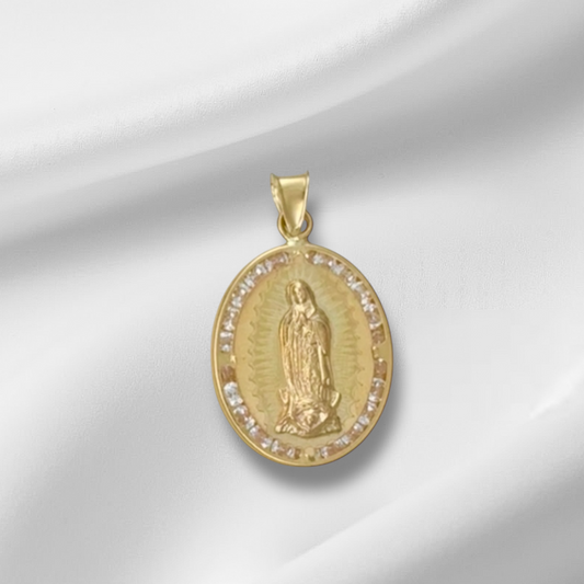 MEDALLA VIRGEN DE GUADALUPE OVAL LASER ZIRCONIA ORO 10K