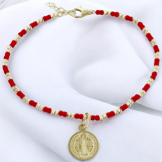PULSERA ROJA MEDALLA SAN BENITO ORO 10K