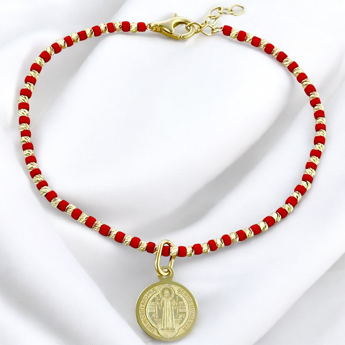 PULSERA ORO 10K PIEDRA N  CON MEDALLA SAN BENITO