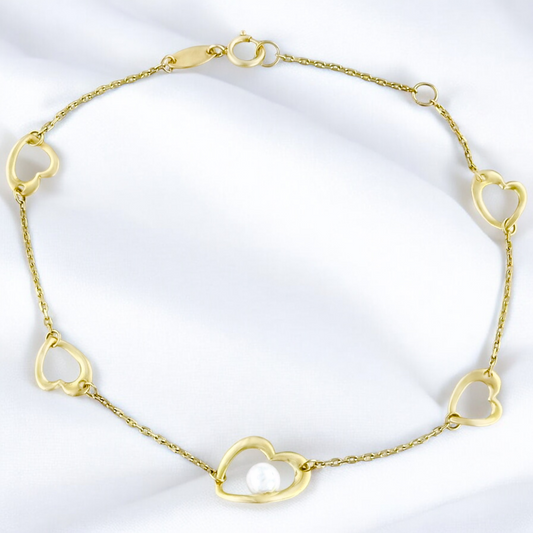 PULSERA CORAZONES PERLA ORO 10K