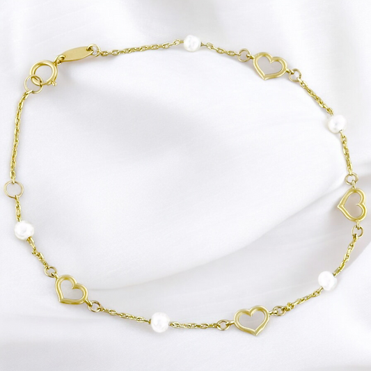 PULSERA CORAZONES PERLAS ORO 10K