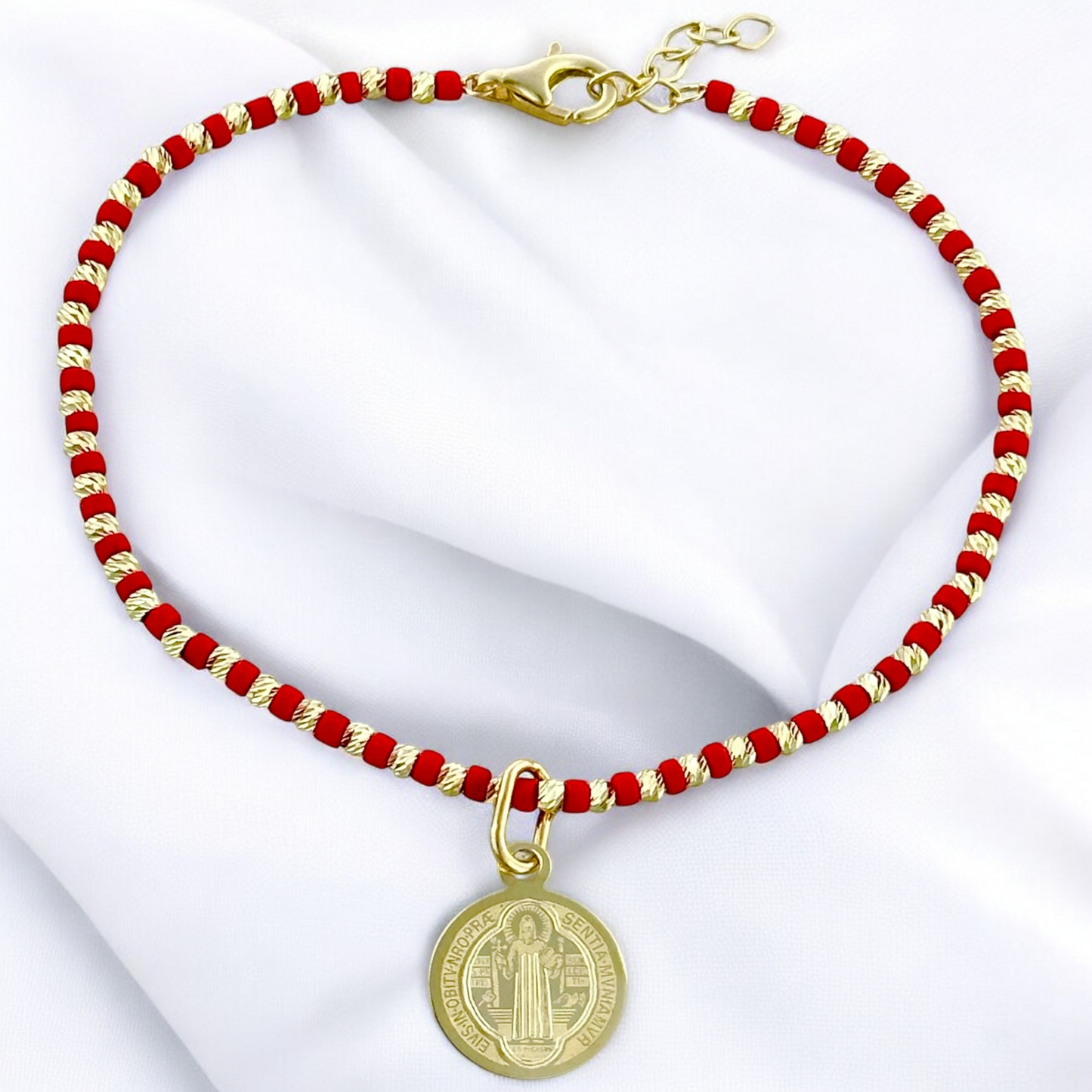PULSERA ORO 10K PIEDRA N  CON MEDALLA SAN BENITO