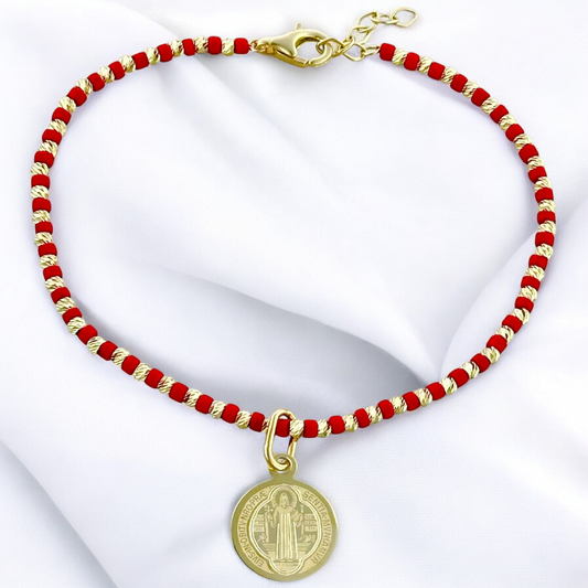 PULSERA ORO 10K PIEDRA N  CON MEDALLA SAN BENITO