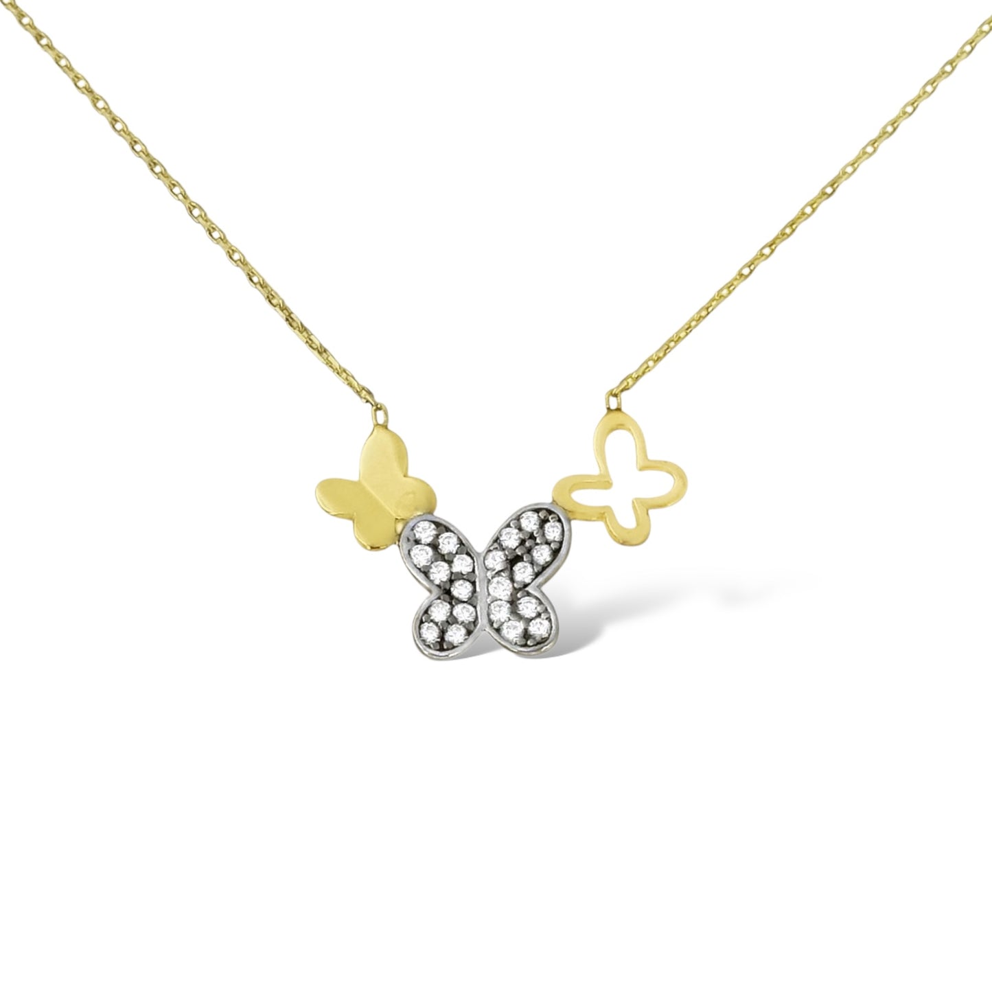 COLLAR 3 MARIPOSAS CIRCONIA ORO 10K