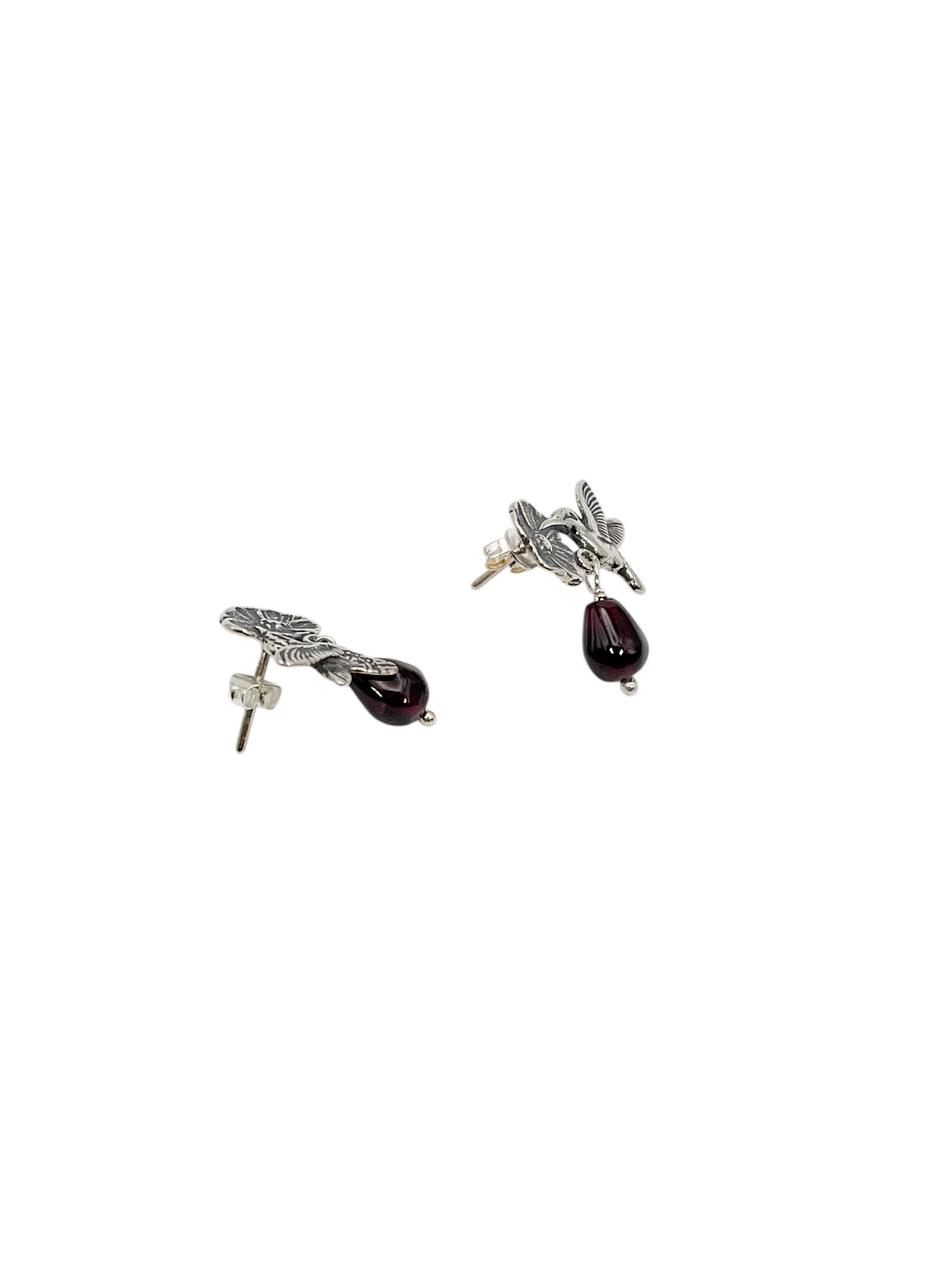 ARETE COLIBRI CON FLOR PIEDRA GRANATE COLGANTE PLATA .925