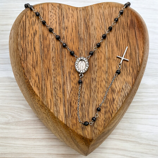 COLLAR ROSARIO CRISTAL SW NEGRO PLATA RODIO .925