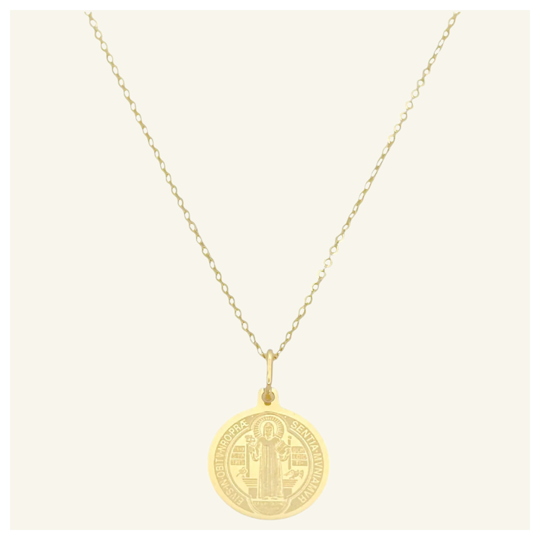 COLLAR ANCLA MEDALLA SAN BENITO LASER ORO 10K